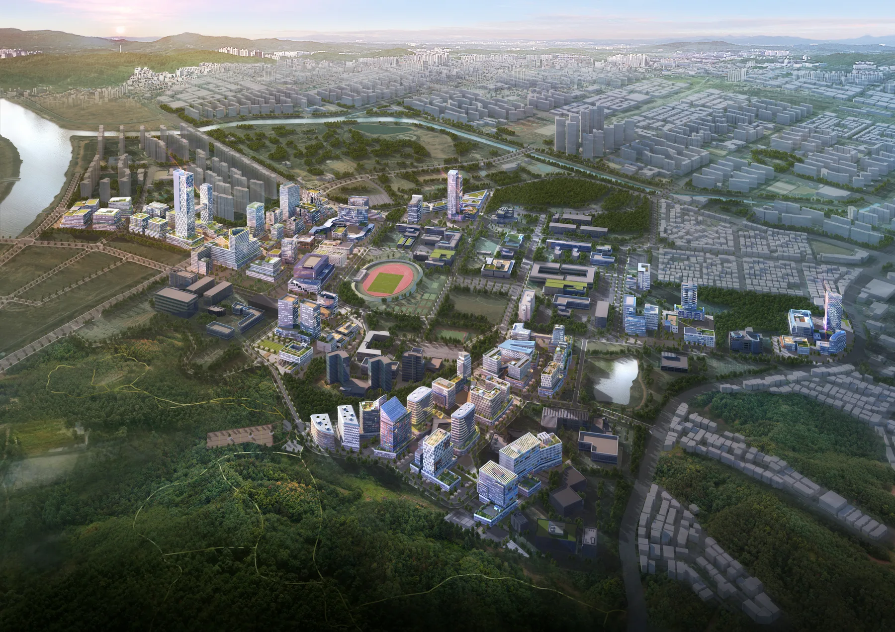 한양대학교 ERICA 일대와 계획 건축물을 넓게 내려다본 안산사이언스밸리 조감도