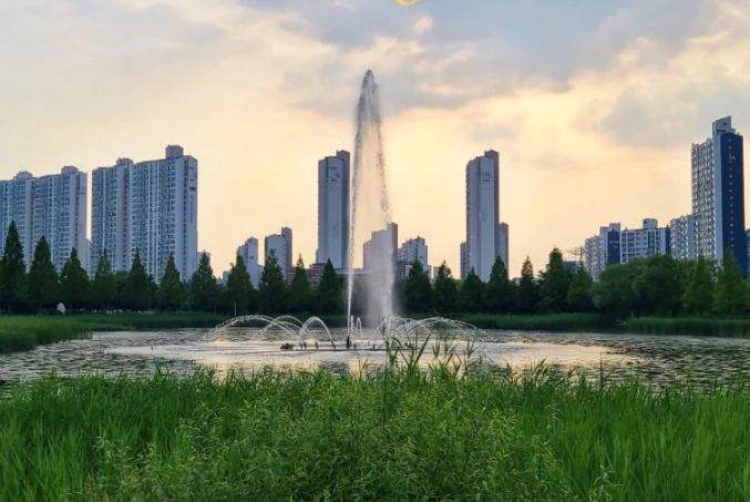 분수와 도심이 보이는 안산호수공원
