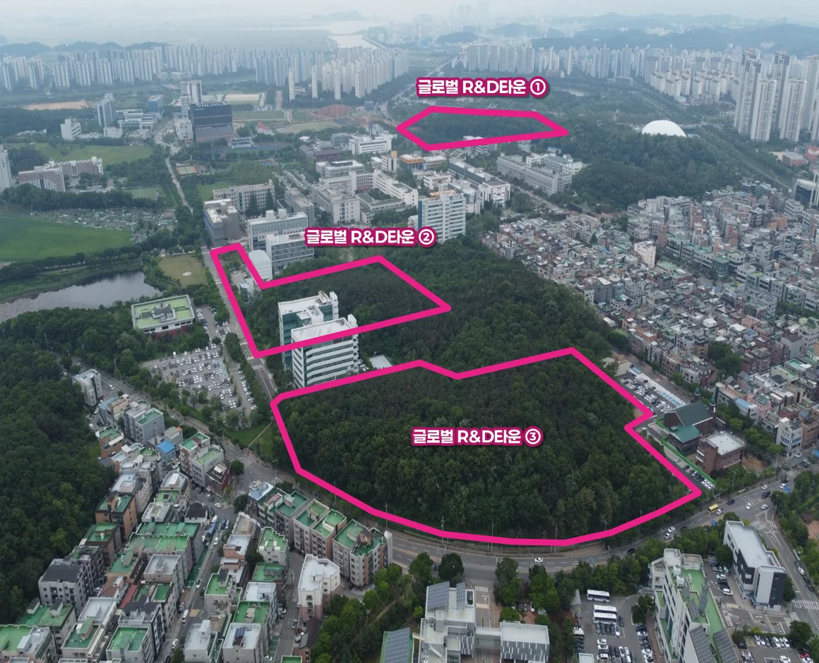글로벌 R&D 타운 대상지 위치를 표시한 항공 이미지