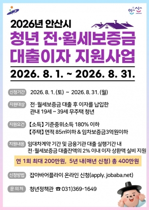 안산시, 청년 전·월세보증금 대출이자 지원…8월 한 달간 신청 접수
