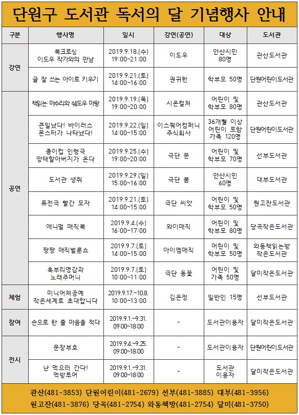 안산시 단원구도서관, ‘9월 독서의 달’ 기념행사