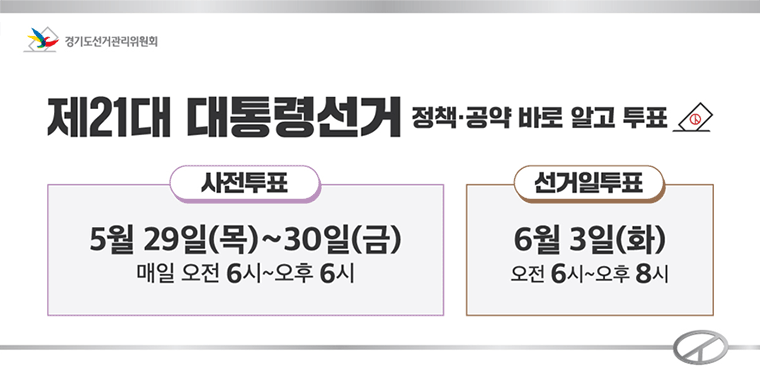 제21대 대통령선거 정책 공약 바로 알고 투표. 사전투표:5월29일(목)~30일(금) 매일 오전 6시~오후6시. 선거일투표 6월3일 (화) 오전 6시~오후 8시