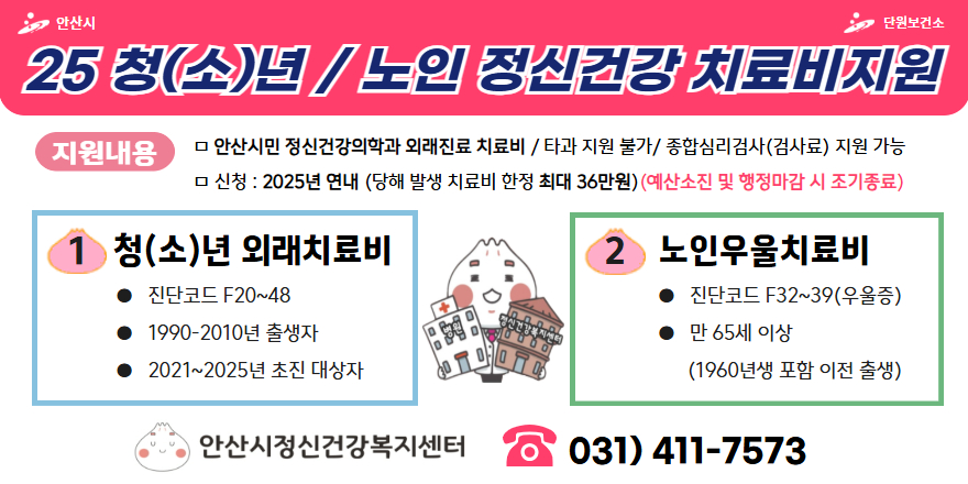 25 청(소)년/노인 정신건강 치료비지원. 지원내용:안산시민 정신건강의학과 외래진료 치료비 / 타과 지원 불가 / 종합심리검사(검사료)지원가능. 신청:2025년 연내 (당해 발생 치료비 한정 최대 36만원) (예산소진 및 행정마감 시 조기종료). 1청(소)년 외래치료비-진단코드 f20~48,1990-2010년 출생자, 2021~2025년 초진 대상자. 2노인우울치료비-진단코드 f32~39(우울증), 만65세이상(1960년생 포함 이전 출생) 안산시정신건강복지센터 031-411-7573