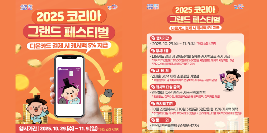 2025 코리아 그랜드 페스티벌 다온카드 결제 시 캐시백 5% 지급 행사기간: 2025. 10. 29.(수)~11.9.(일) *예산 소진 시까지. 행사내용- 다온카드 결제 시 결제금액의 5%를 캐시백으로 즉시 지급*캐시백 지급한도:30,000원(최대 60만원 사용한도), 캐시백 사용기한:5년*경기지역화폐 앱에서 실시간 확인 가능.사용처-연매출 30억 이하 소상공인 가맹점*11월 말까지 경기지역화폐와 민생회복 소비쿠폰 사용처 같음 캐시백 대상 금액-안산화폐 '다온' 충전금 사용금액에 한함* 인센티브, 정책수당, 민생회복소비 등 혜택금액, 정책카드 제외.캐시백 TIP!- 10월 29일(수)부터 10월 31일(금) 3일간은 총 15% 캐시백 혜택*추석맞이 다온 캐시백 10%(최대 6만원) + 코리아 페스티벌 캐시백 5%(최대 3만원) 문 의-안산시 민원콜센터 ☎1666-1234 행사기간 2025. 10. 29.[수] ~ 11. 9.(일) 예산 소진 시까지