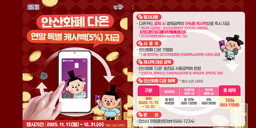 안산화폐 다온 연말 특별 캐시백[5%] 지급. 행사내용:- 다온카드 결제 시 결제금액의 5%를 캐시백으로 즉시 지급.*캐시백 지급한도 : 50,000원(최대 100만원 사용한도),캐시백 사용기한 : 2026.3.31.까지 * 경기지역화폐 앱에서 실시간 확인 가능. 사용처:안산화폐 다온 가맹점.*11월 말까지는 경기지역화폐와 민생회복소비쿠폰 사용처 같음.캐시백 대상 금액:-안산화폐 '다온' 충전금 사용금액에 한함.* 인센티브, 정책수당, 민생회복소비쿠폰 등 혜택금액, 정책카드 제외. 안산화폐 다온 혜택.* 예산 소진 시까지.구분:혜택 2025. 11. 17.~ 12.31.충전한도:월 최대 60만원.인센티브(충전 시) 월 10%(최대 12만원) 캐시백(결제 시)5%(최대 5만원)총 혜택 15%(최대 17만원) 문의-안산시 민원콜센터(☎1666-1234). 행사기간|2025.11.17.(월)~12.31.(수)*예산소진시까지