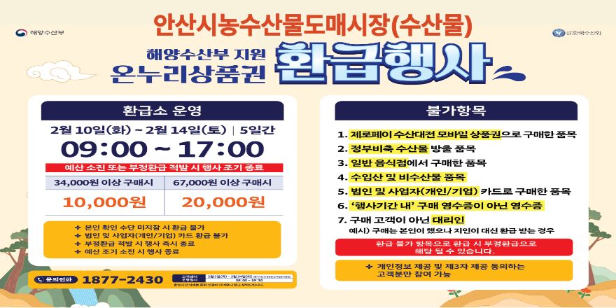 안산시농수산물도매시장(수산물) 해양수산부 지원 환급행사 온누리상품권 환급행사. *환급소 운영:2월 10일 (화) ~ 2월 14일(토) I 5일간. 09:00 ~ 17:00. 예산 소진 또는 부정환급 적발 시 행사 조기 종료. 34,000원 이상 구매시 10,000원/67,000원 이상 구매시 20,000원. + 본인 확인 수단 미지참 시 환금 불가 + 법인 및 사업자(개인/기업) 카드 환급 불가 + 부정환급 적발 시 행사 즉시 종료 + 예산 조기 소진 시 행사 종료. 문의전화 1877-2430. *불가항목 1. 제로페이 수산대전 모바일 상품권으로 구매한 품목 2. 정부비축 수산물 방출 품목 3. 일반 음식점에서 구매한 품목 4. 수입산 및 비수산물 품목 5. 법인 및 사업자(개인/기업) 카드로 구매한 품목 6. '행사기간 내' 구매 영수증이 아닌 영수증 7. 구매 고객이 아닌 대리인 예시) 구매는 본인이 했으나 지인이 대신 환급 받는 경우. 환급 불가 항목으로 환급 시 부정환급으로 