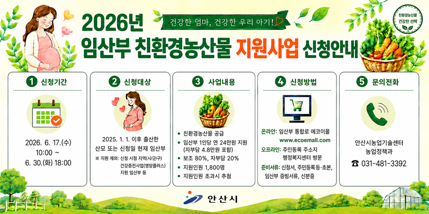 안산시의 2026년 임산부 친환경농산물 지원사업 안내 포스터. '건강한 엄마, 건강한 우리 아기!'라는 문구와 함께 임산부와 친환경 농산물 이미지가 배치되어 있다. 신청기간은 2026년 6월 17일 수요일 오전 10시부터 6월 30일 화요일 오후 6시까지이다. 신청 대상은 2025년 1월 1일 이후 출산한 산모 또는 신청일 현재 임산부이며, 신청 제외 대상은 신청 시점 지역사회 통합건강증진사업 영양플러스 지원 대상자이다. 사업 내용은 친환경농산물 공급으로 임산부 1인당 연 24만 원을 지원하며 자부담은 4만 8천 원이다. 보조금은 80%, 자부담은 20%이며 지원 인원은 1,800명이다. 지원 인원 초과 시 추첨으로 선정한다. 신청은 임산부 통합쇼핑몰 에코이몰(www.ecoemall.com) 또는 주민등록 주소지 행정복지센터 방문을 통해 가능하다. 준비 서류는 신청서, 주민등록등본&middot;초본, 임신부 증빙서류, 신분증이다. 문의는 안산시농업기술센터 농업정책과 031-481-3392.