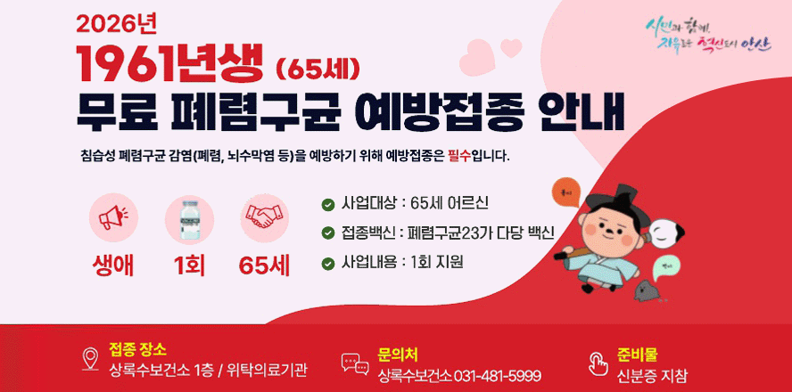 2026 1961년생 (65세) 무료 폐렴구균 예방접종 안내. 침습성 폐렴구균 감염(폐렴,뇌수막염 등)을 예방하기 위해 예방접종은 필수 입니다. 사업대상:65세 어르신. 접종백신:폐렴구균23가 다당 백신. 사업내용:1회 지원. 접종장소:상록수보건소1층/위탁의료기관. 문의처:상록수보건소:ㅏ031-481-5999. 준비물:신분증 지참