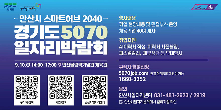 안산시 스마트허브 2040. 경기도5070 일자리박람회 9.10.목 14:00-17:00 。안산올림픽기념관 체육관. 행사내용:기업 현장채용 및 면접부스 운영. 채용기업 40여 개사. 취업지원:AI이력서 작성, 이력서 사진촬영,퍼스널컬러, 재무상담 등 부대행사. 구직자 참여신청:5070job.com 당일 현장등록 후 참여 가능. 1660-3352 문의:안산시일자리센터 031-481-2923 / 2919 ☑ 안산시일자리센터에서 참여기업 확인