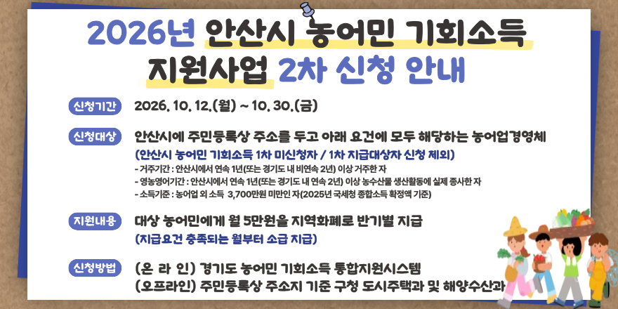 2026년 안산시 농어민 기회소득 지원사업 2차 신청 안내. 신청기간:2026. 10. 12.(월) ~ 10. 30.(금) 신청대상:안산시에 주민등록상 주소를 두고 아래 요건에 모두 해당하는 농어업경영체 (안산시 농어민 기회소득 1차 미신청자 / 1차 지급대상자 신청 제외) -거주기간 : 안산시에서 연속 1년(또는 경기도 내 비연속 2년) 이상 거주한 자 -영농영어기간:안산시에서 연속 1년(또는 경기도 내 연속 2년) 이상 농수산물 생산활동에 실제 종사한자. -소득기준 : 농어업 외 소득 3,700만원 미만인 자(2025년 국세청 종합소득 확정액 기준) 지원내용:대상 농어민에게 월 5만원을 지역화폐로 반기별 지급(지급요건 충족되는 월부터 소급 지급) 신청방법:(온 라 인) 경기도 농어민 기회소득 통합지원시스템. (오프라인) 주민등록상 주소지 기준 구청 도시주택과 및 해양수산과