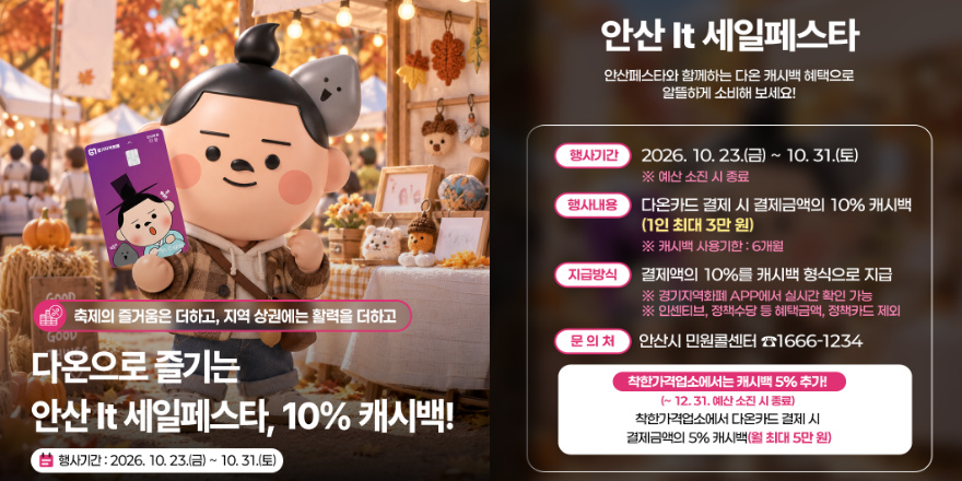안산 It 세일페스타 안산페스타와 함께하는 다온 캐시백 혜택으로 알뜰하게 소비해 보세요! 행사기간 2026. 10. 23.(금) ~ 10. 31.(토) ※ 예산 소진 시 종료. 행사내용 다온카드 결제 시 결제금액의 10% 캐시백(1인 최대 3만 원) ※ 캐시백 사용기한 : 6개월. 지급방식 결제액의 10%를 캐시백 형식으로 지급 ※ 경기지역화폐 APP에서 실시간 확인 가능  ※ 인센티브, 정책수당 등 혜택금액, 정책카드 제외 문의처 안산시 민원콜센터 ☎1666-1234. 착한가격업소에서는 캐시백 5% 추가!(~ 12. 31. 예산 소진 시 종료) 착한가격업소에서 다온카드 결제 시 결제금액의 5% 캐시백(월 최대 5만 원) 축제의 즐거움은 더하고, 지역 상권에는 활력을 더하고 다온으로 즐기는 안산 It 세일페스타, 10% 캐시백! 행사기간 : 2026. 10. 23.(금) ~ 10. 31.(토)