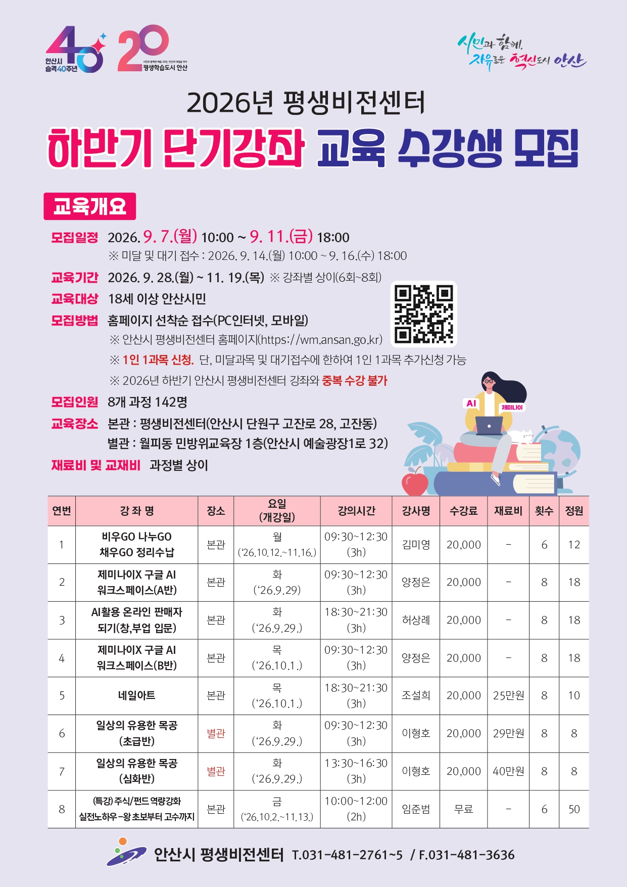 안산시평생비전센터, 하반기 단기강좌 수강생 모집… 8개 과목 개설