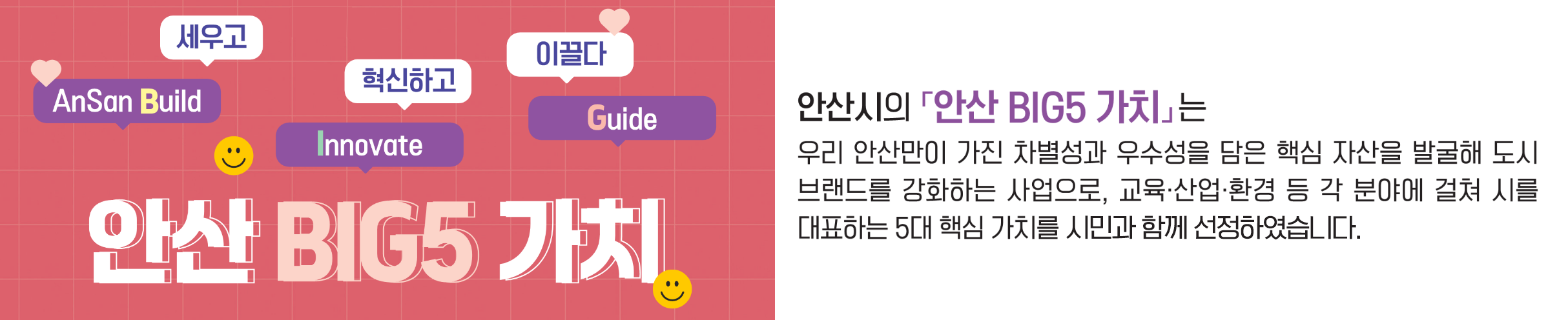 안산 BIG5 가치 소개:세우고 혁신하고 이끌다-안산시의 [안산 BIG5 가치]는 우리 안산만이 가진 차별성과 우수성을 담은 핵심 자산을 발굴해 도시 브랜드를 강화하는 사업으로, 교육·산업·환경 등 각 분야에 걸쳐 시를 안산 BIG5 가치 대표하는 5대 핵심 가치를 시민과 함께 선정하였습니다.