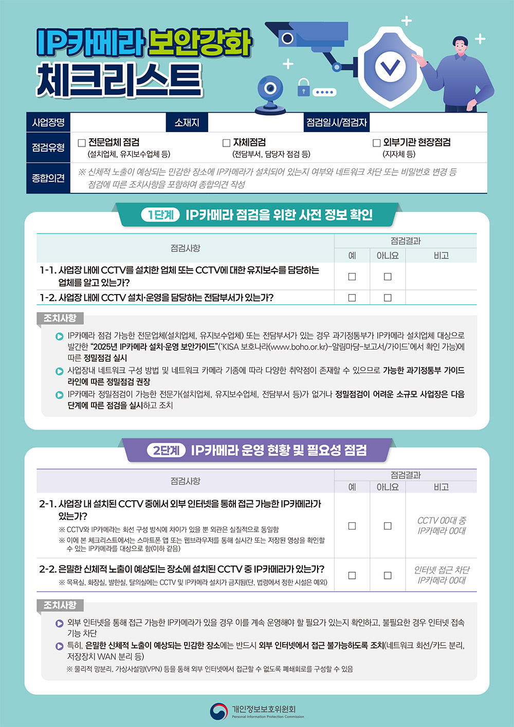IP카메라 보안강화 체크리스트-1단계:IP카메라 점검을 위한 사전 정보 확인.2단계-IP카메라 운영 현황 및 필요성 점검