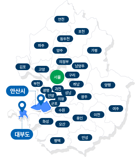 경기도 지도 : 연천군, 포천시, 파주시, 동두천시, 양주시, 의정부시, 남양주시, 가평군, 김포시, 고양시, 구리시, 하남시, 양평군, 부천, 광명, 과천, 성남시, 광주시, 여주군, 대부도, 안양, 의왕, 용인시, 이천시, 안산시, 군포, 수원시, 화성시, 오산시, 평택시, 안성시